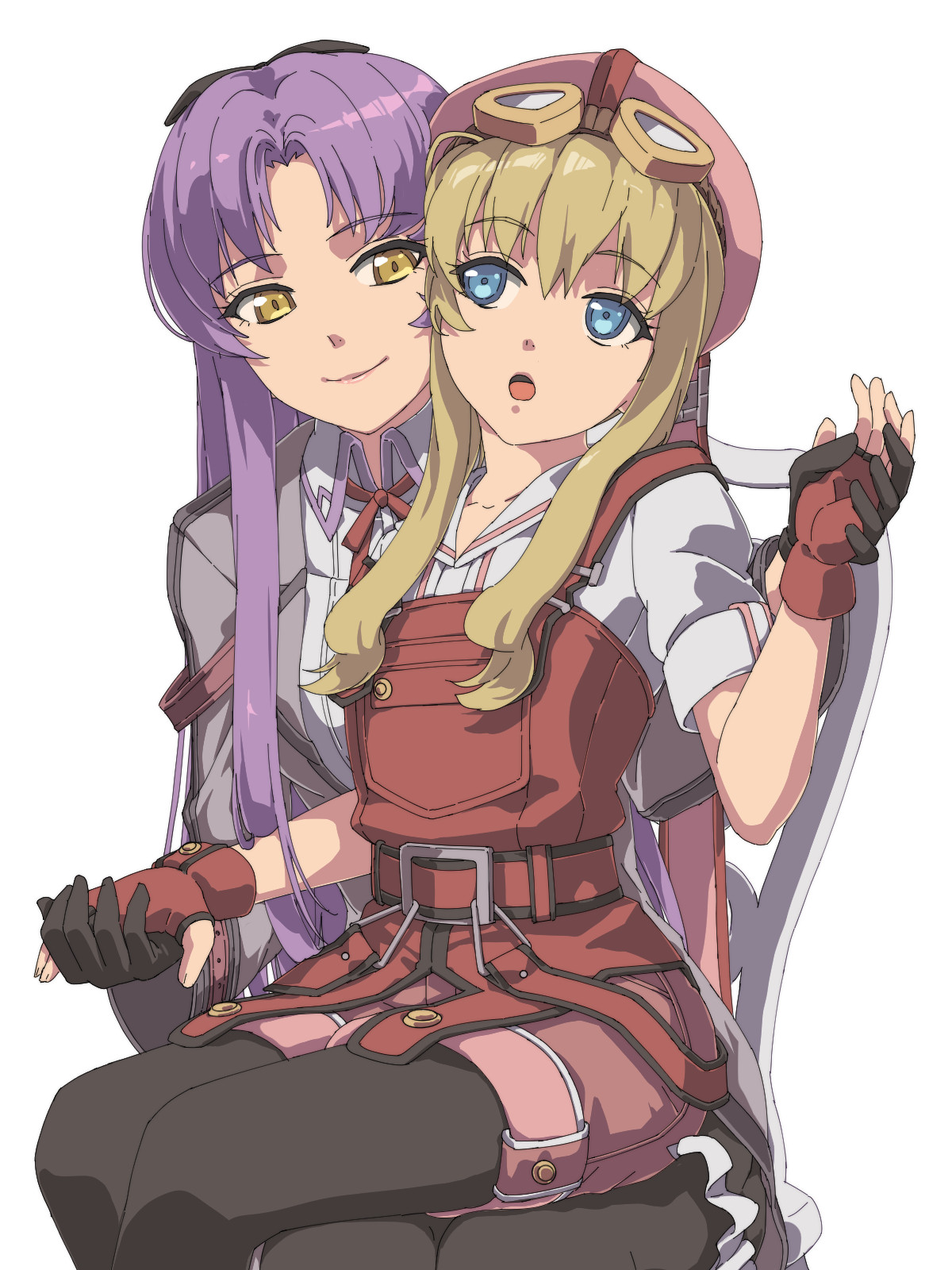 chiharu (9654784), renne (eiyuu densetsu), tita russell, eiyuu densetsu, kai no kiseki, kuro no kiseki (series), highres, 2girls, black gloves, black thighhighs, blonde hair, blue eyes, chair, closed mouth, curtained hair, fingerless gloves, gloves, goggles, goggles on head, hair between eyes, hat, holding hands, hug, long hair, multiple girls, open mouth, pantyhose, parted bangs, purple hair, red gloves, shorts, sidelocks, simple background, sitting, smile, suspenders, thighhighs, two side up, white background, yellow eyes