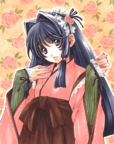 fair lady, original, lowres, 1girl, ||/, black ribbon, blue eyes, blue hair, female focus, fingernails, floral background, flower, hair intakes, hairband, hakama, hakama skirt, hand on own chest, hand up, japanese clothes, kimono, lace-trimmed sleeves, lace trim, leaf, long hair, matching hair/eyes, outline, ribbon, rose, sidelocks, skirt, solo, ||/
