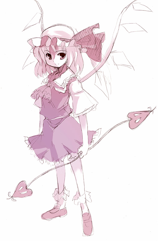 seo tatsuya, flandre scarlet, touhou, 1girl, collared shirt, female focus, hat, laevatein, mob cap, monochrome, pink theme, shirt, sketch, socks, solo, wings