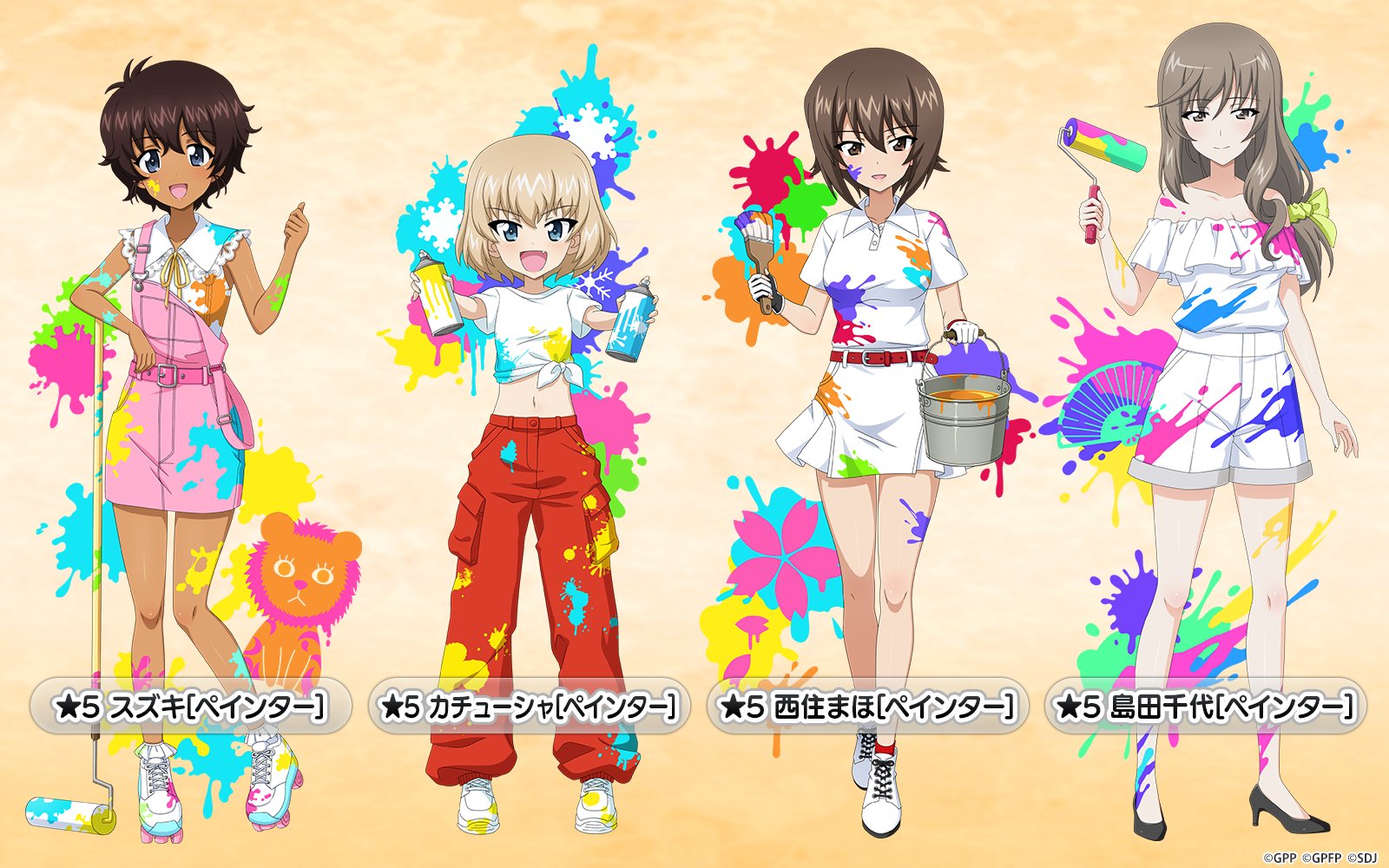 katyusha (girls und panzer), nishizumi maho, shimada chiyo, suzuki (girls und panzer), girls und panzer, girls und panzer senshadou daisakusen!, highres, official art, translated, 4girls, antenna hair, baggy pants, bare arms, bare legs, bare shoulders, belt, black shoes, blonde hair, blue eyes, blush, breasts, brown eyes, brown hair, bucket, character name, collarbone, collared shirt, dark-skinned female, dark skin, dress, dual wielding, fang, frilled shirt, frills, full body, gloves, gradient background, hair between eyes, high heels, holding, holding bucket, holding paint roller, holding paintbrush, holding spray can, legs, leopon (animal), long hair, looking at viewer, low-tied long hair, midriff, miniskirt, multiple girls, navel, neck ribbon, open mouth, paint roller, paint splatter, paint splatter on face, paintbrush, pants, pink belt, pink dress, polo shirt, red pants, red socks, ribbon, roller skates, shirt, shoes, short hair, short sleeves, shorts, skates, skirt, smile, sneakers, snowflakes, socks, spray can, standing, suspenders, t-shirt, thighs, thumbs up, white gloves, white shirt, white shoes, white shorts, white skirt, white socks, yellow background, yellow ribbon