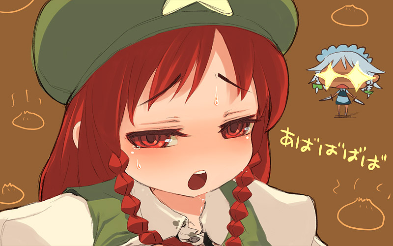 mota, hong meiling, izayoi sakuya, embodiment of scarlet devil, touhou, + +, 2girls, braid, female focus, maid, multiple girls, open mouth, red eyes, red hair, tears