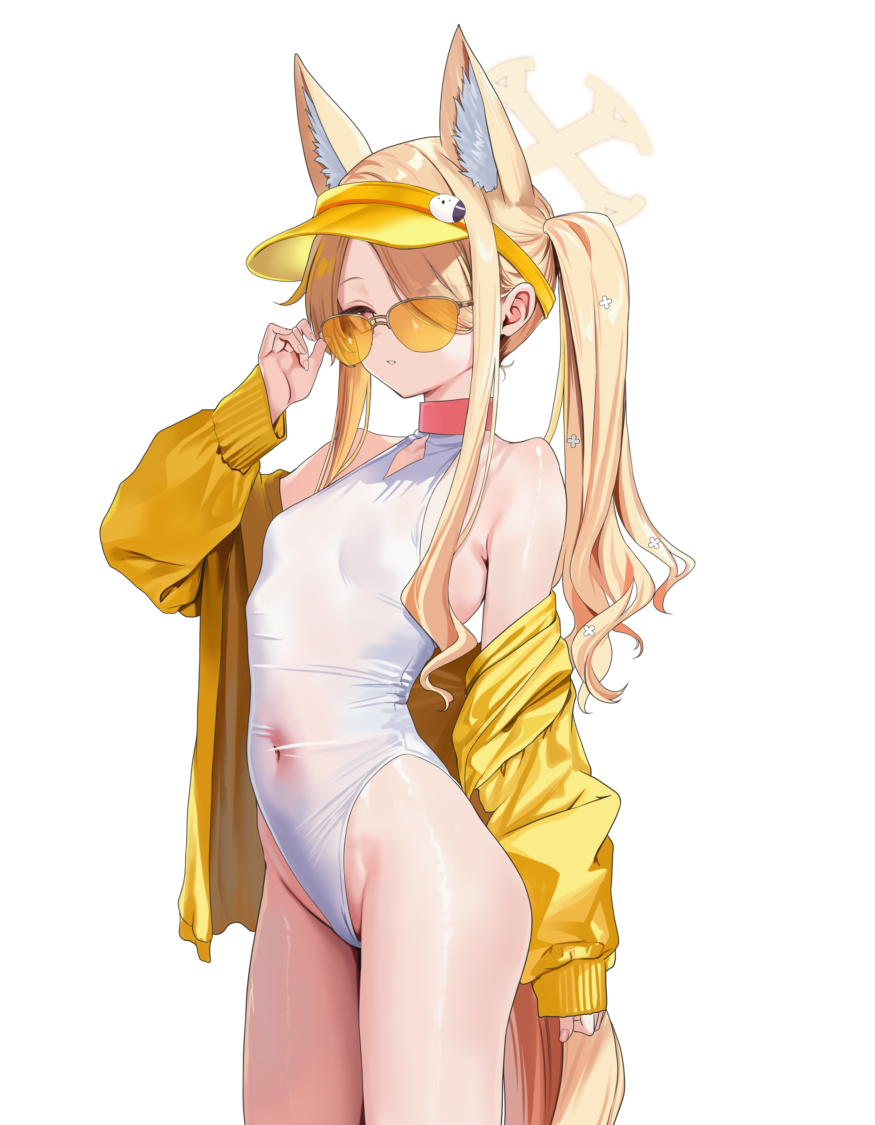 hidis0086, seia (blue archive), seia (swimsuit) (blue archive), blue archive, absurdres, commentary, highres, 1girl, adjusting eyewear, animal ear fluff, animal ears, bare shoulders, blonde hair, breasts, cardigan, covered navel, cowboy shot, expressionless, eyes visible through hair, finger on eyewear, fox ears, halo, highleg, highleg one-piece swimsuit, long hair, long sleeves, looking at viewer, official alternate costume, one-piece swimsuit, open cardigan, open clothes, parted lips, see-through clothes, see-through one-piece swimsuit, shiny skin, simple background, small breasts, solo, sunglasses, swimsuit, thighs, tinted eyewear, visor cap, white background, white one-piece swimsuit, yellow-tinted eyewear, yellow cardigan, yellow halo