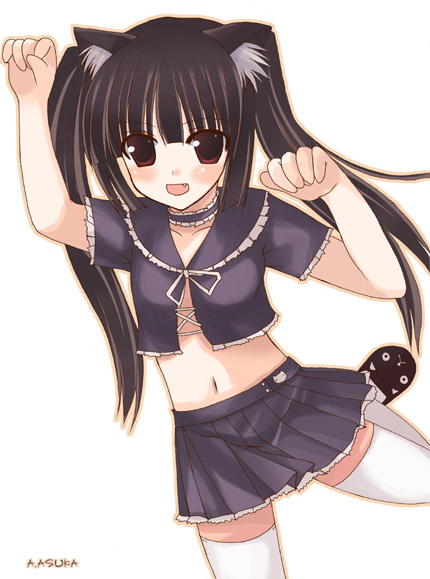 aoyama asuka, kooh (pangya), pangya, animal ears, black shoes, brown eyes, brown hair, cat ears, choker, fang, midriff, miniskirt, navel, shoes, skirt, thighhighs, twintails, zettai ryouiki