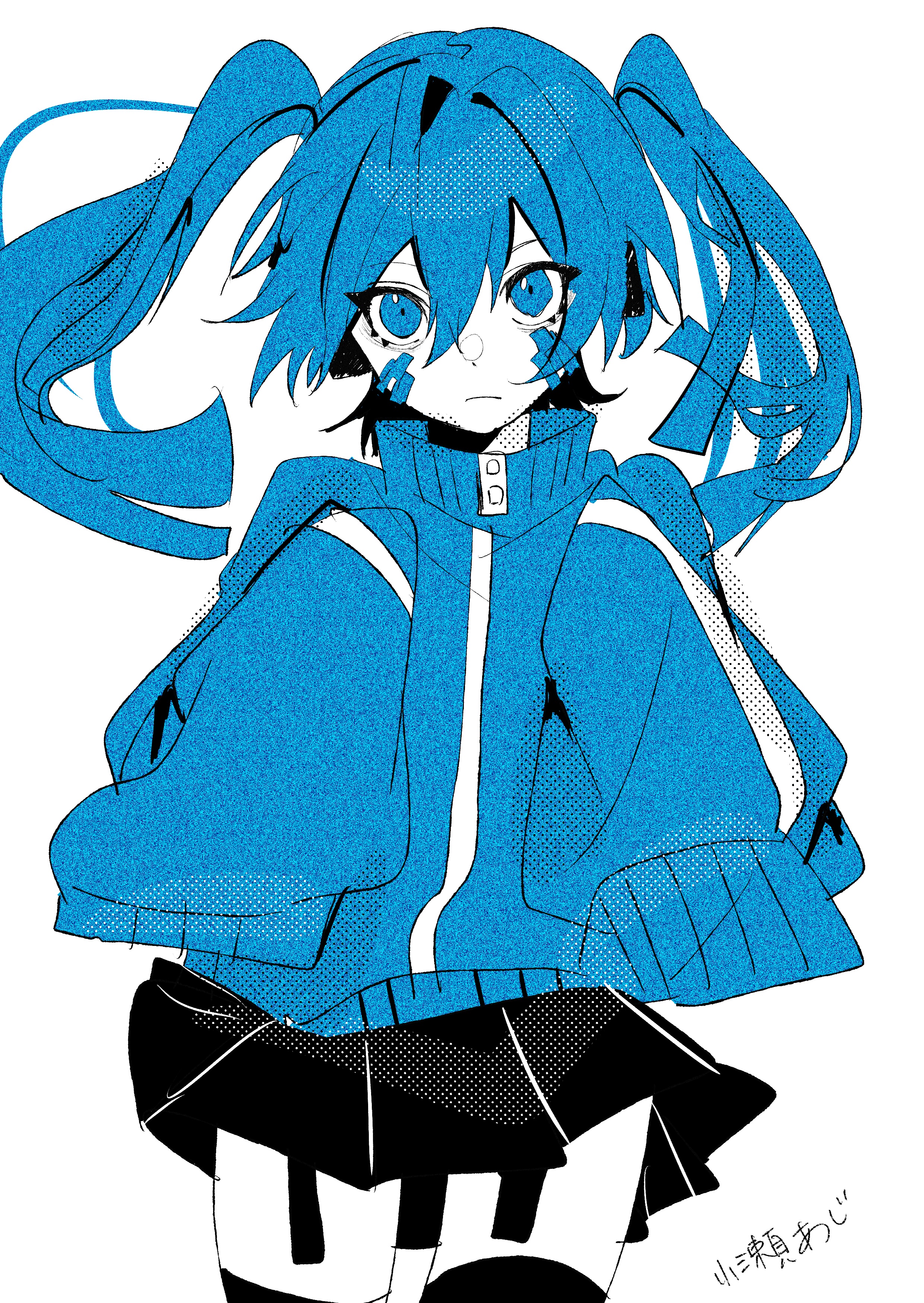 koze azhi, ene (kagerou project), kagerou project, absurdres, highres, translation request, 1girl, black skirt, black thighhighs, blue eyes, blue hair, blue jacket, buttons, closed mouth, cowboy shot, double-parted bangs, film grain, frown, hair between eyes, hair intakes, halftone, hands up, jacket, limited palette, long hair, long sleeves, looking at viewer, miniskirt, pleated skirt, puffy long sleeves, puffy sleeves, simple background, skirt, sleeves past wrists, solo, standing, thighhighs, track jacket, turtleneck, turtleneck jacket, twintails, upturned eyes, white background, zettai ryouiki