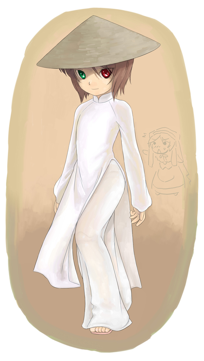 kumashiro, souseiseki, suiseiseki, rozen maiden, 00s, 2girls, ao dai, brown hair, doll joints, dress, hat, heterochromia, joints, multiple girls, rice hat, sandals, see-through clothes, short hair, siblings, sisters, smile, straw hat, twins