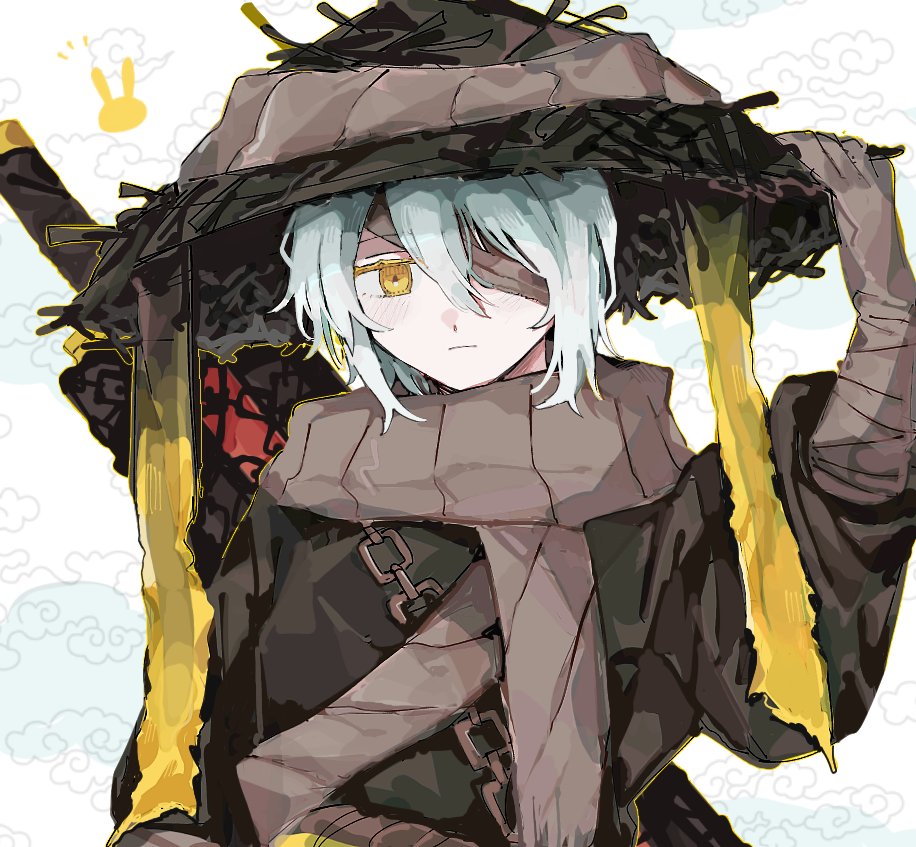 6vkeoxnqwo1jcky, faust (project moon), limbus company, project moon, 1girl, bandage over one eye, black hanfu, chain, chinese clothes, closed mouth, conical hat, greatsword, grey scarf, hanfu, heishou pack-mao branch (identity) (project moon), looking at viewer, ribbon, scarf, short hair, simple background, solo, sword, sword on back, upper body, weapon, weapon on back, white background, white hair, yellow eyes, yellow ribbon