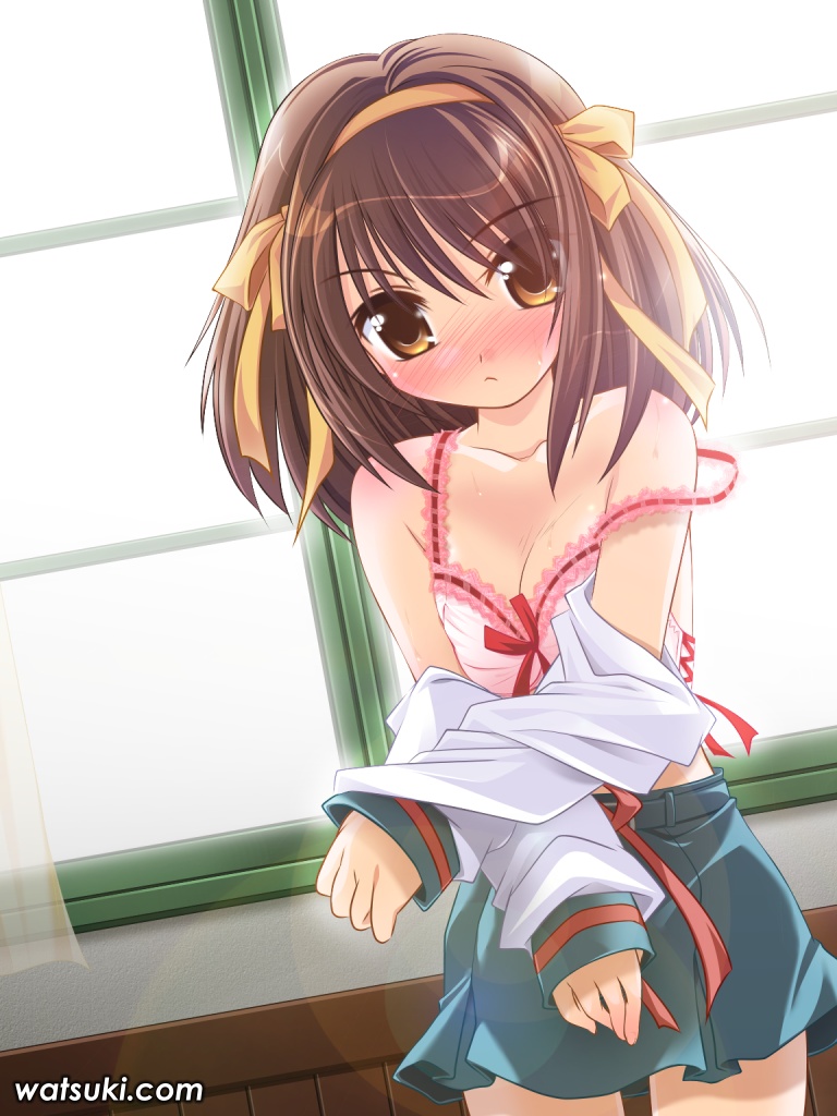 watsuki ayamo, suzumiya haruhi, suzumiya haruhi no yuuutsu, 00s, bra, brown hair, lingerie, school uniform, serafuku, short hair, solo, underwear, undressing
