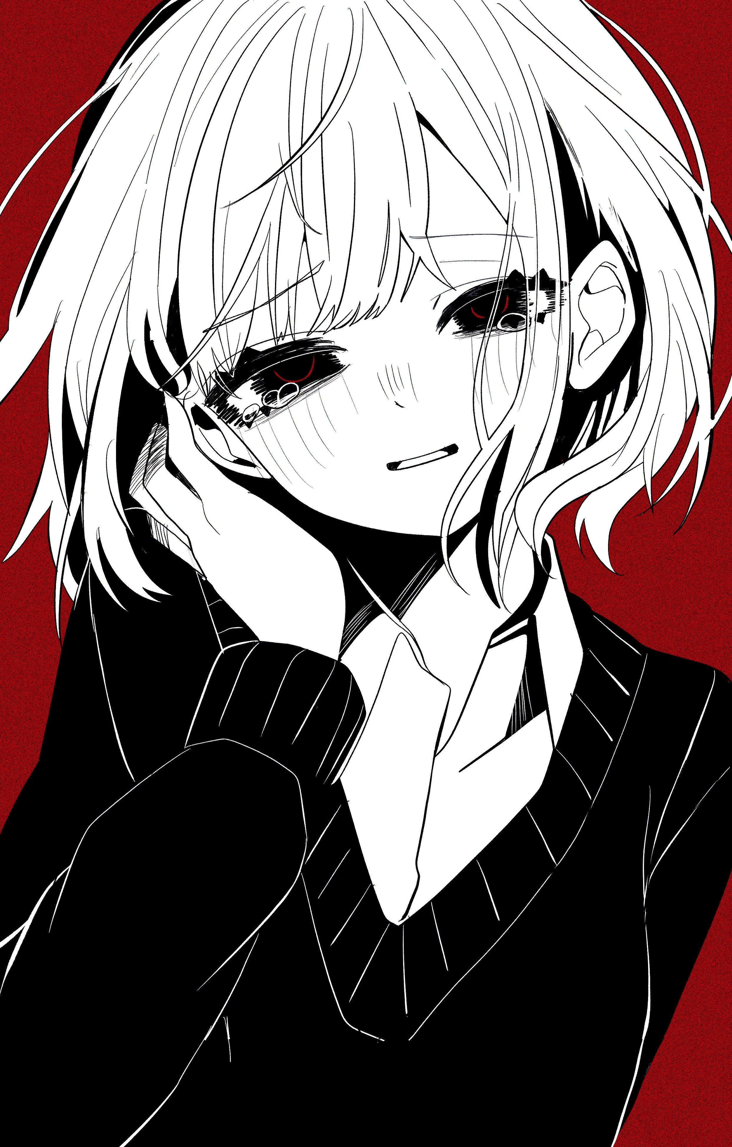 koze azhi, vocaloid, absurdres, commentary request, highres, 1girl, :d, arm behind back, breasts, collared shirt, eyes visible through hair, greyscale with colored background, grin, hand on own cheek, hand on own face, hand up, hatching (texture), high contrast, ibitsu na wake oshiete ageru (vocaloid), long sleeves, looking at viewer, milestone celebration, open mouth, puffy long sleeves, puffy sleeves, raised inner eyebrows, red background, school uniform, shirt, short hair, simple background, small breasts, smile, solo, sweater, swept bangs, tearing up, upper body