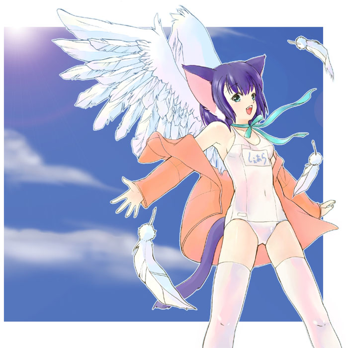 mayumi, original, animal ears, cat ears, cat tail, day, one-piece swimsuit, school swimsuit, solo, swimsuit, tail, thighhighs, white one-piece swimsuit, white school swimsuit, wings
