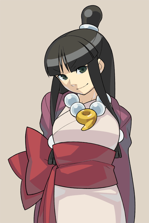 itsumo nokoru, maya fey, ace attorney, capcom, archived source, derivative work, sprite redraw, 1girl, anime coloring, arms behind back, black eyes, blunt bangs, bow, breasts, brown background, closed mouth, cowboy shot, hair tie, half updo, hanten (clothes), head tilt, jacket, japanese clothes, jewelry, kimono, long hair, long sidelocks, looking at viewer, low-tied sidelocks, magatama, magatama necklace, medium breasts, necklace, obi, pearl necklace, purple jacket, red bow, red sash, sash, sidelocks, simple background, smile, solo, topknot, white kimono