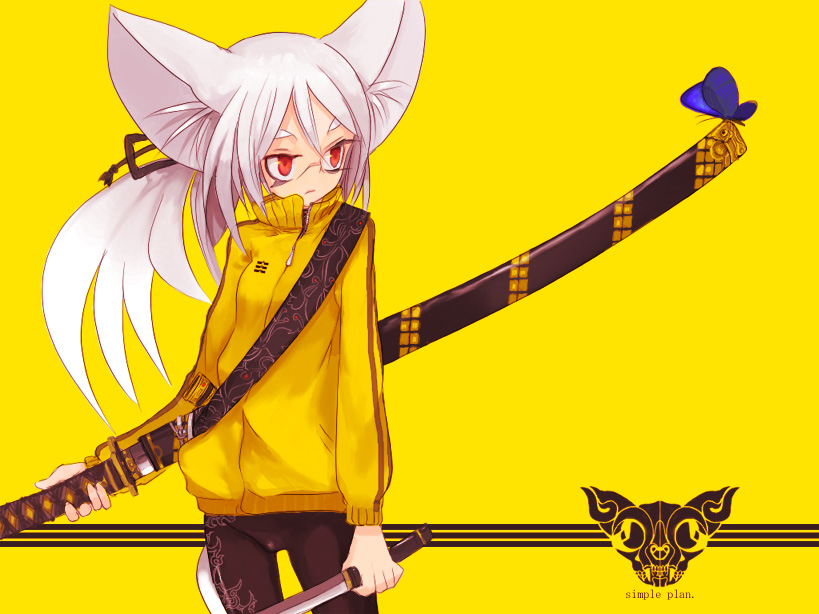 argonauts gemini, enchi, original, silver hair, animal ears, cat ears, glasses, katana, mouse ears, ponytail, red eyes, solo, sword, weapon