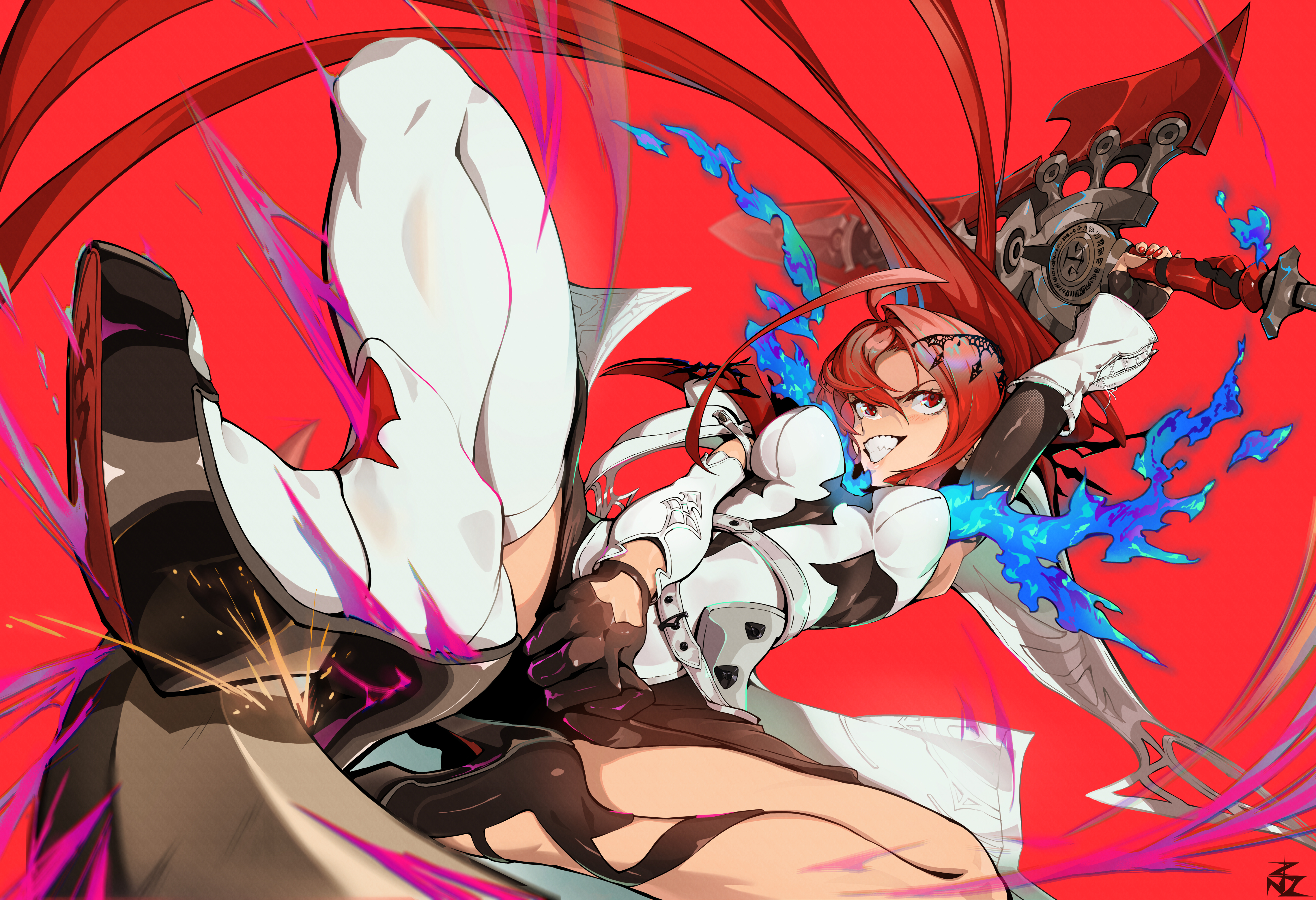 zinz, elizabeth rose bloodflame, hololive, hololive english, absurdres, highres, 1girl, ahoge, blue fire, clenched teeth, fire, from below, high heels, holding, holding sword, holding weapon, huge ahoge, long hair, multicolored hair, red background, red eyes, red hair, solo, sparks, squatting, sword, teeth, virtual youtuber, weapon