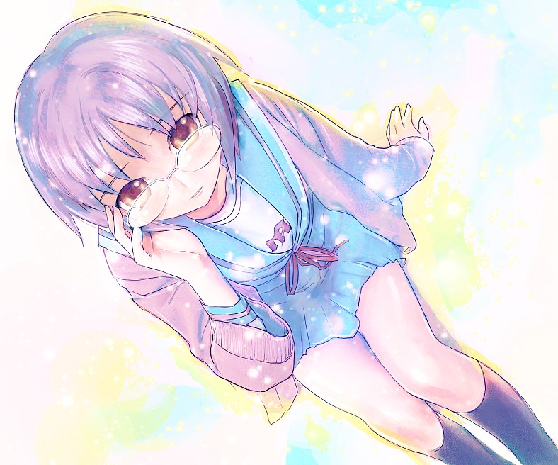 mekarauroko, nagato yuki, suzumiya haruhi no yuuutsu, 00s, cardigan, glasses, school uniform, serafuku, skirt, solo