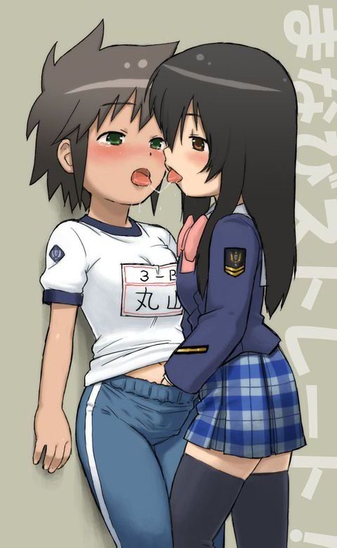 gakuen utopia manabi straight!, black legwear, artist request, 00s, 2girls, black hair, blush, brown eyes, eye contact, female focus, fingering, green eyes, hand in panties, hand in pants, looking at another, miniskirt, multiple girls, panties, plaid clothes, plaid skirt, saliva, saliva trail, school uniform, serafuku, skirt, tears, thighhighs, tomboy, tongue, underwear, yuri, zettai ryouiki