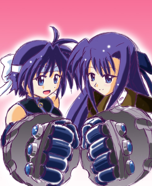 ginga nakajima, revolver knuckle, subaru nakajima, lyrical nanoha, mahou shoujo lyrical nanoha, mahou shoujo lyrical nanoha strikers, 00s, 2girls, blue hair, gauntlets, headband, magical girl, military, military uniform, multiple girls, purple hair, siblings, sisters