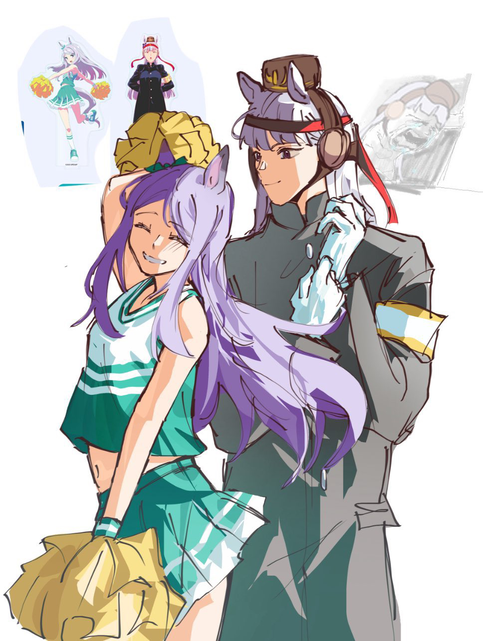 lampy uikoko, gold ship (umamusume), mejiro mcqueen (umamusume), umamusume, highres, 2girls, adjusting clothes, adjusting gloves, animal ears, arm up, blue eyes, blunt bangs, cheering, cheerleader, closed eyes, closed mouth, coat, collared coat, crop top, earmuffs, gloves, green coat, green shirt, green skirt, grey hair, grin, hands up, hat, holding, holding pom poms, horse ears, horse girl, long hair, long sleeves, looking at another, midriff, multiple girls, parted bangs, parted lips, pillbox hat, pleated skirt, pom pom (cheerleading), pom poms, purple hair, red hat, shirt, simple background, skirt, sleeveless, sleeveless shirt, smile, two-tone shirt, very long hair, white background, white gloves, white shirt, yuri