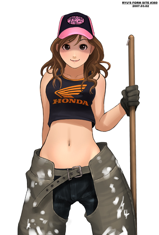 ryu (ryu's form site), original, 1girl, arm behind back, baseball cap, belt, black gloves, broom, brown eyes, brown hair, buckle, clothes writing, cowboy shot, female focus, gloves, hat, holding, looking at viewer, midriff, navel, simple background, sleeveless, solo, standing, tank top, white background