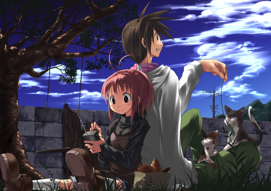 midori no ruupe, original, wall, 1boy, 1girl, antenna hair, back-to-back, bread, cat, cat teaser, cloud, controller, croissant, day, food, grass, grin, kneehighs, outdoors, power lines, remote control, scenery, shoes, sideways mouth, sitting, sky, slice of life, smile, socks, spiked hair, stone wall, swing, tree, tree shade, tres, utility pole, white socks