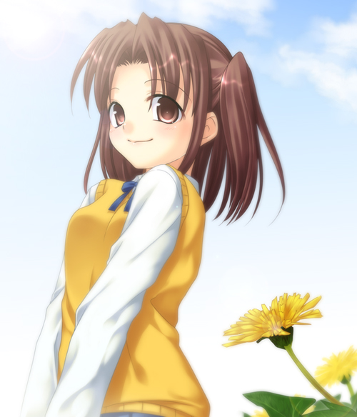 hazuki (etcxetc), yumizuka satsuki, tsukihime, 00s, brown hair, school uniform, serafuku, smile, solo, sweater, sweater vest, twintails, vest