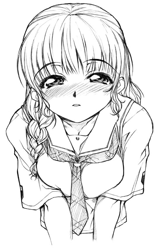 yamaguchi homupe, mizusawa mao, kimi kiss, 1girl, blush, braid, breasts, breasts squeezed together, female focus, greyscale, large breasts, monochrome, school uniform, serafuku, sketch, solo