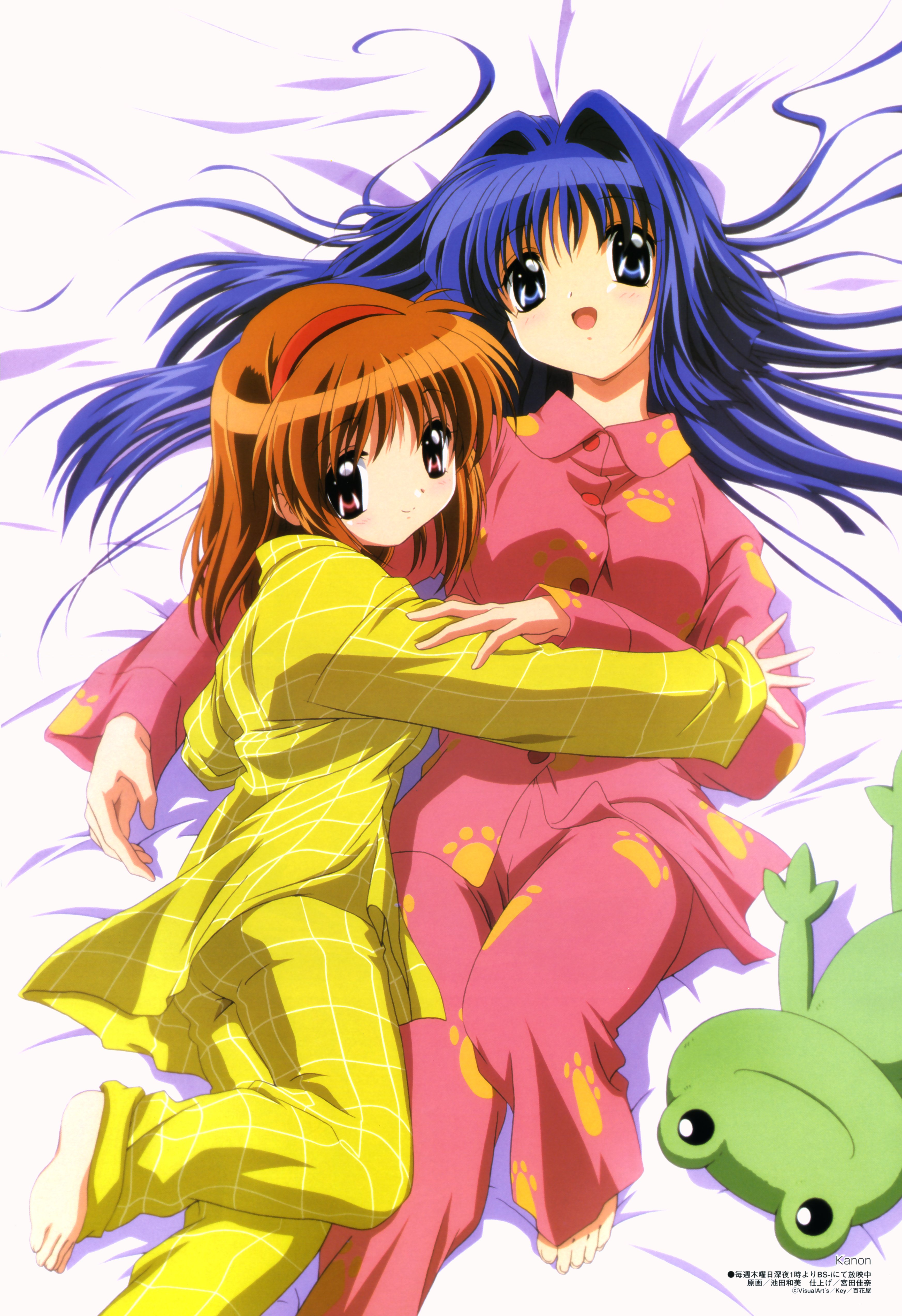 ikeda kazumi, minase nayuki, tsukimiya ayu, kanon, megami magazine, absurdres, highres, official art, scan, 2girls, :d, barefoot, blue eyes, blue hair, brown eyes, brown hair, feet, greek toe, hair intakes, hairband, long hair, lying, multiple girls, on back, on side, open mouth, pajamas, paw print, smile, stuffed animal, stuffed frog, stuffed toy, toes