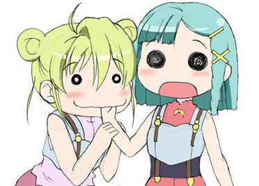chisato (missing park), aeru (simoun), limone (simoun), hidamari sketch, simoun, lowres, parody, wide face