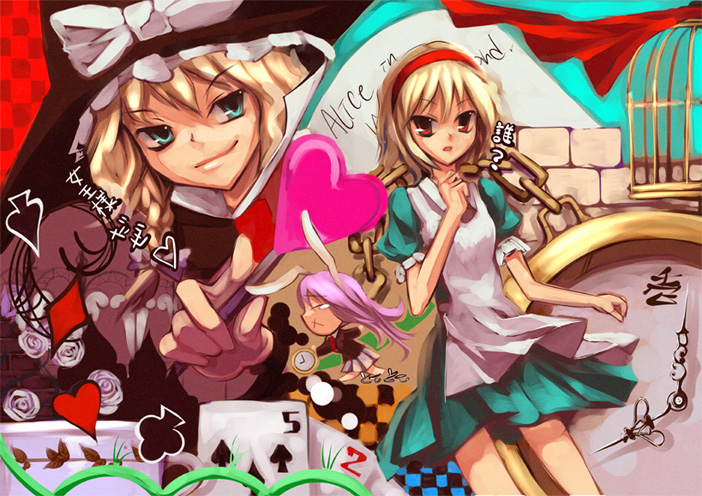 shimadoriru, alice margatroid, kirisame marisa, reisen udongein inaba, alice's adventures in wonderland, touhou, 3girls, apron, black dress, blonde hair, blue dress, braid, card, clock, curtains, dress, female focus, green eyes, hat, heart, looking at viewer, multiple girls, puffy short sleeves, puffy sleeves, shade, short hair, short sleeves, single braid, standing, waist apron, witch hat, x mouth