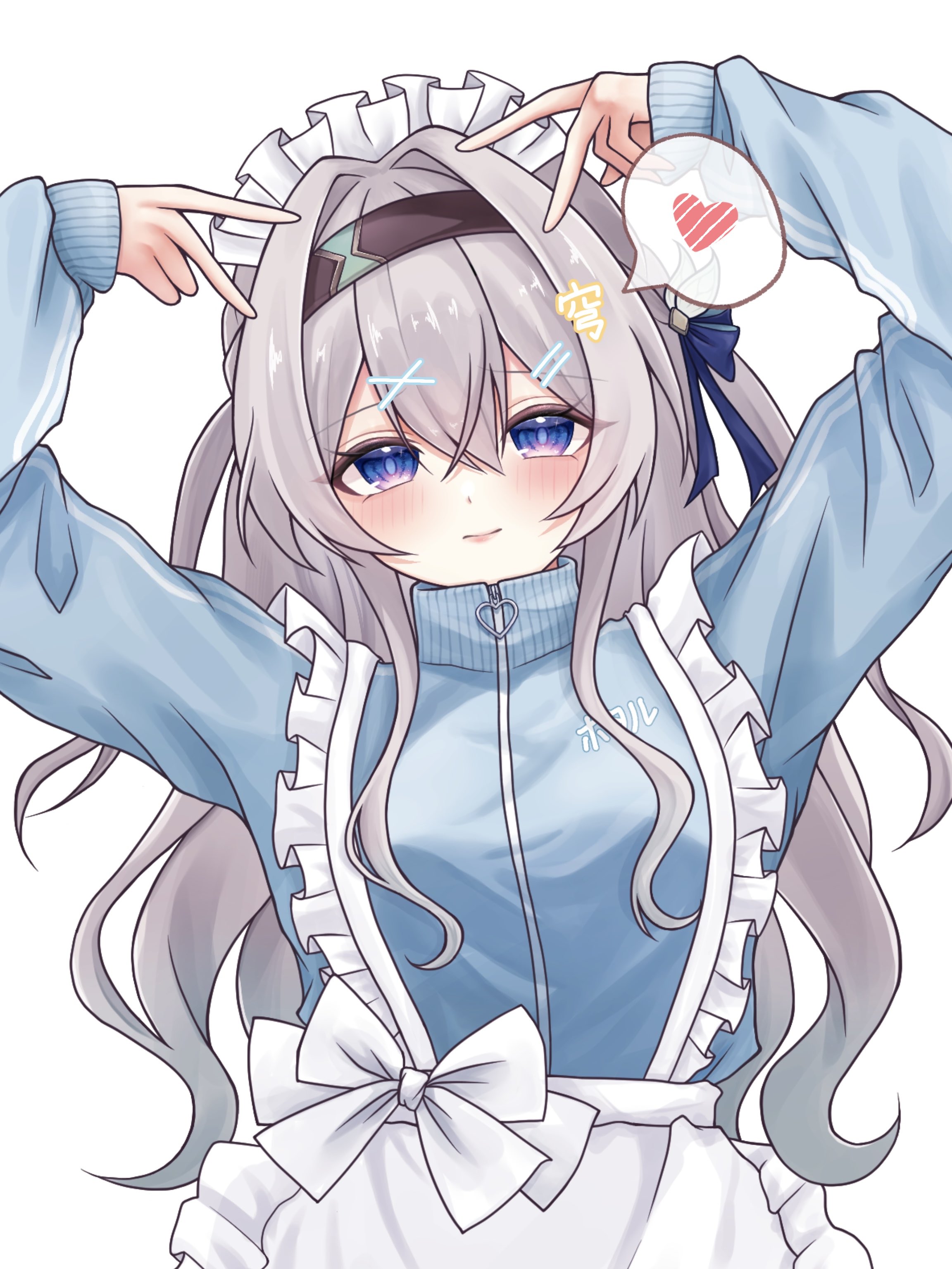 str sawa, firefly (honkai: star rail), honkai: star rail, honkai (series), absurdres, highres, 1girl, apron, blue eyes, blue pupils, blue ribbon, blush, brown hairband, closed mouth, double v, gradient eyes, gradient hair, grey hair, hair between eyes, hair intakes, hair ornament, hairband, hairpin, hands on own head, heart, long hair, maid apron, maid headdress, multicolored eyes, multicolored hair, multiple hairpins, ribbon, simple background, solo, spoken heart, teeth, track suit, v, white background, zipper pull tab