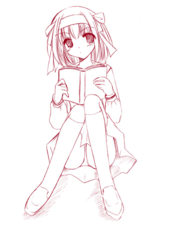 tamagawa yukimaru, suzumiya haruhi, suzumiya haruhi no yuuutsu, 00s, 1girl, book, female focus, monochrome, panties, pantyshot, pink theme, solo, underwear