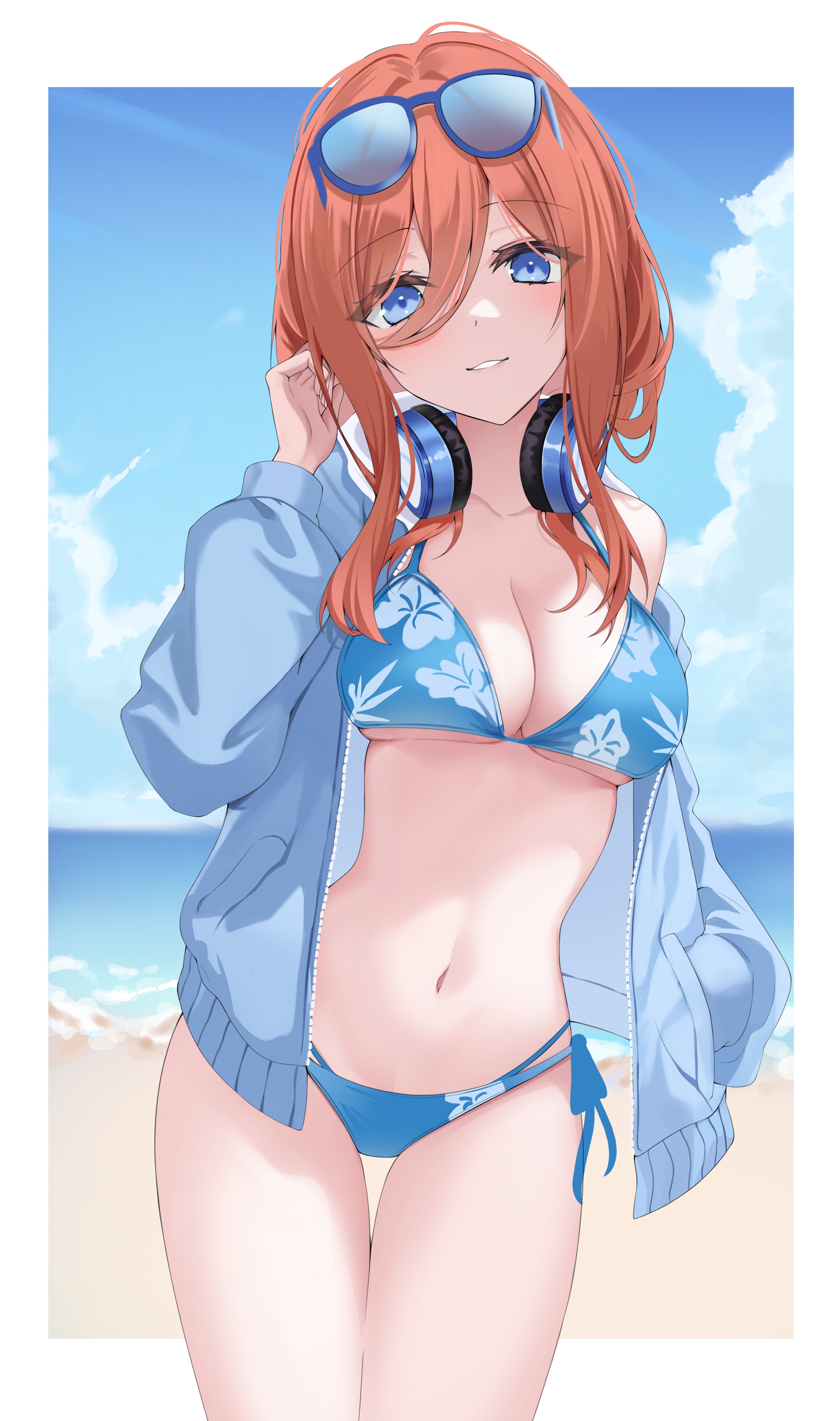 gyuu, nakano miku, go-toubun no hanayome, absurdres, commission, highres, 1girl, alternate costume, beach, bikini, blue-framed eyewear, blue bikini, blue cardigan, blue eyes, blue sky, blurry, blurry background, blush, border, breasts, brown hair, cardigan, cleavage, cloud, collarbone, cumulonimbus cloud, curvy, day, eyelashes, eyes visible through hair, eyewear on head, floral print bikini, hair between eyes, hand up, happy, headphones, headphones around neck, large breasts, long hair, long hair between eyes, long sleeves, looking at viewer, navel, ocean, open cardigan, open clothes, outdoors, outside border, parted lips, side-tie bikini bottom, single bare shoulder, sky, smile, solo, stomach, sunglasses, swimsuit, thigh gap, thighs, tsurime, underboob, white border