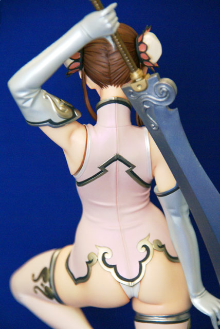 yamashita shun'ya, non-non, wild flower, photo (medium), 1girl, arm up, ass, brown hair, bun cover, china dress, chinese clothes, dao (weapon), double bun, dress, elbow gloves, female focus, figure, figure (medium), from behind, gloves, hair bun, huge weapon, leg up, panties, short dress, sleeveless, solo, sword, thighhighs, turtleneck, underwear, weapon, white panties