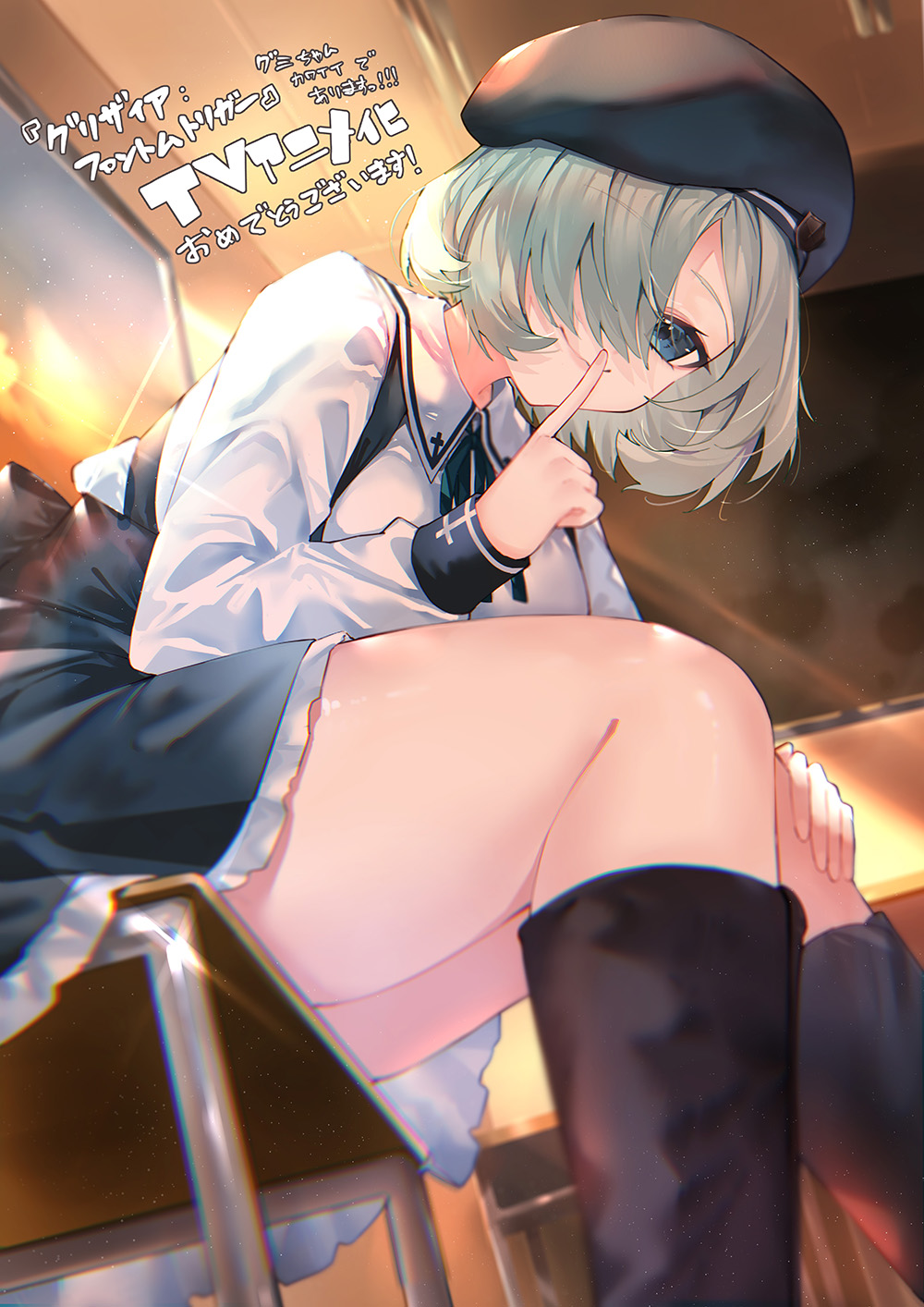 kou mashiro, kumashiro megumi, grisaia (series), grisaia phantom trigger, commentary request, highres, official art, second-party source, translation request, 1girl, black boots, black hat, black skirt, blue eyes, boots, chair, classroom, closed mouth, collared shirt, feet out of frame, finger to mouth, garrison cap, green hair, hair over one eye, hand on own knee, hat, indoors, knee boots, leaning forward, light particles, long sleeves, looking at viewer, one eye covered, school chair, school uniform, shirt, short hair, shushing, sitting, skirt, smile, solo, sunset, suspender skirt, suspenders, white shirt, window