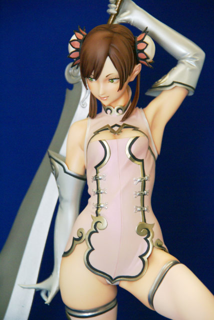 yamashita shun'ya, non-non, wild flower, photo (medium), 1girl, arm up, armpits, breasts, brown hair, bun cover, china dress, chinese clothes, cleavage, cleavage cutout, clothing cutout, double bun, dress, elbow gloves, female focus, figure, figure (medium), flat chest, gloves, green eyes, hair bun, huge weapon, lipstick, makeup, panties, pantyshot, pink thighhighs, pointing, short dress, short hair, sleeveless, small breasts, smile, solo, standing, sword, thighhighs, turtleneck, underwear, weapon, zettai ryouiki