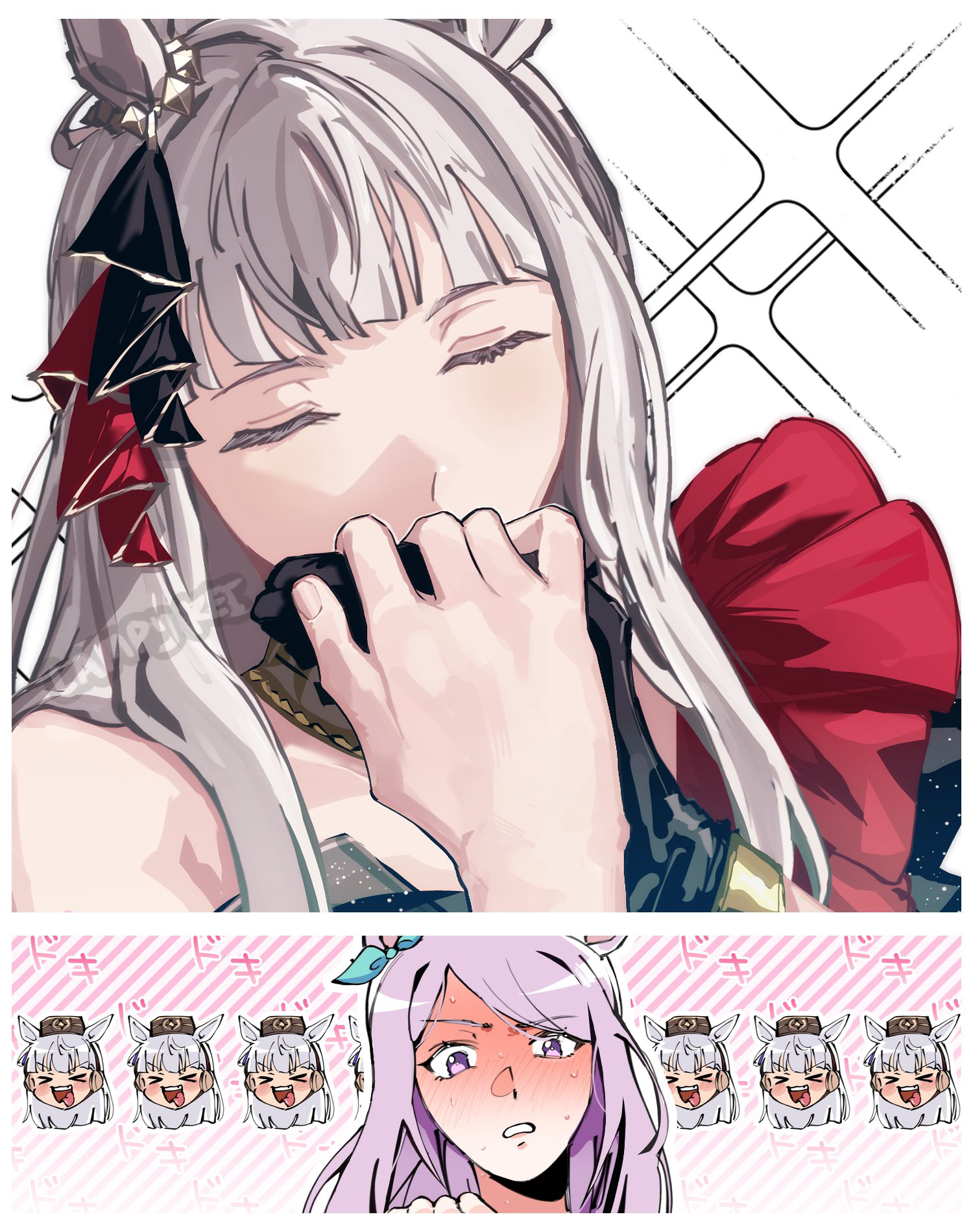 lampy uikoko, gold ship (la mode 564) (umamusume), gold ship (umamusume), mejiro mcqueen (umamusume), umamusume, commentary, highres, > <, 2girls, animal ears, black gloves, blush, closed eyes, gloves, grey hair, holding hands, horse ears, horse girl, kiss, kissing hand, long hair, multiple girls, open mouth, purple eyes, purple hair, smile, sparkle, sweat, tongue, tongue out, yuri