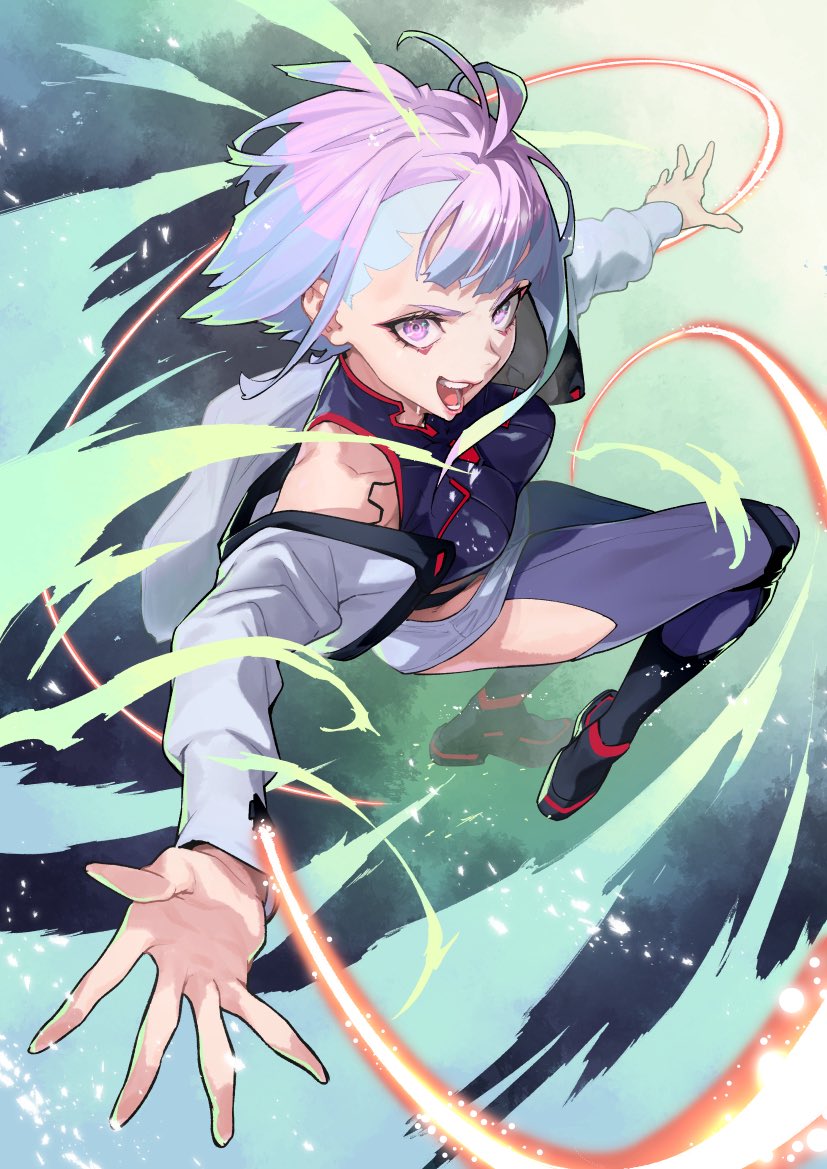 saeki shun, lucy (cyberpunk), cyberpunk: edgerunners, cyberpunk (series), commentary request, 1girl, asymmetrical bangs, bare shoulders, black boots, blue hair, boots, breasts, clothing cutout, cyborg, eyeliner, floating, full body, grey pantyhose, heattech leotard, highleg, highleg leotard, hip vent, jacket, knee boots, large breasts, leotard, long sleeves, looking at viewer, makeup, monowire, multicolored hair, off-shoulder jacket, off shoulder, open clothes, open mouth, outstretched arms, pantyhose, pink hair, purple eyes, red eyeliner, red lips, short hair, solo, teeth, tongue, turtleneck, white jacket