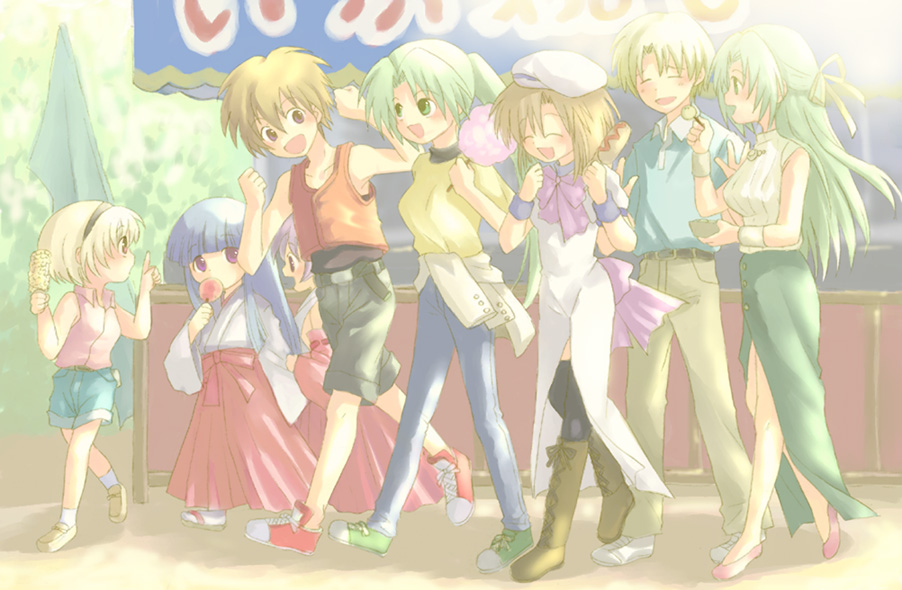 hinata nonoka, nonoka, furude rika, hanyuu, houjou satoko, houjou satoshi, maebara keiichi, ryuuguu rena, sonozaki mion, sonozaki shion, higurashi no naku koro ni, 00s, 2boys, 5girls, blonde hair, cotton candy, festival, food, green hair, hakama, hakama skirt, holding, holding cotton candy, holding food, japanese clothes, multiple boys, multiple girls, red hakama, siblings, sisters, skirt, thighhighs, twins