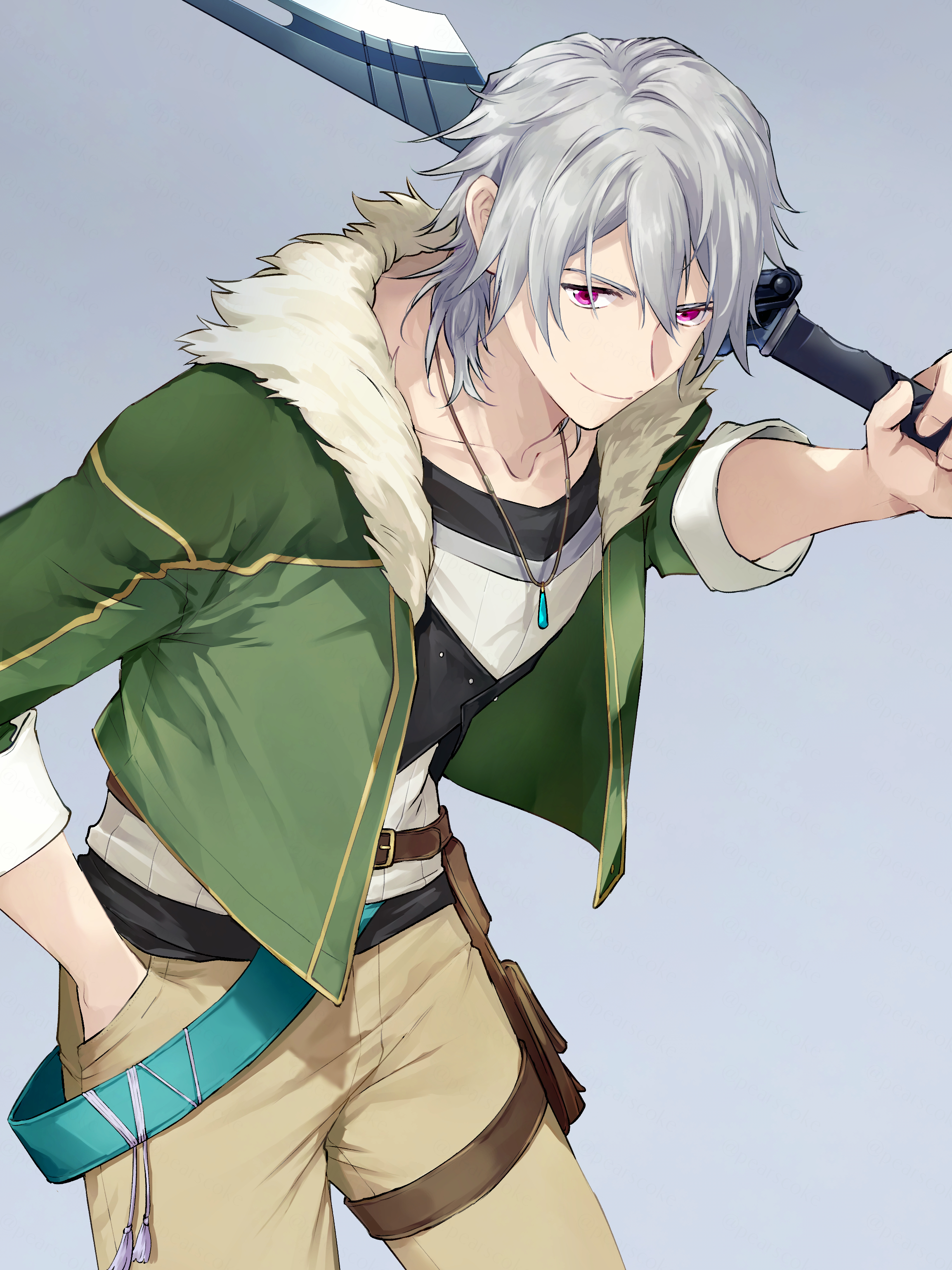 pearscoke, crow armbrust, eiyuu densetsu, kai no kiseki, kuro no kiseki (series), absurdres, highres, 1boy, double-parted bangs, fur collar, grey background, grin, hair between eyes, hand in pocket, holding, holding weapon, jacket, jewelry, looking at viewer, male focus, mullet, pendant, pouch, red eyes, short hair, simple background, smile, solo, thigh pouch, twin blades, upper body, weapon, white hair