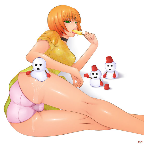 khalitzburg, original, ass, cameltoe, choker, dress, food, green eyes, legs, lying, miniskirt, on side, panties, pantyshot, pink panties, popsicle, pussy, red hair, sexually suggestive, shiny skin, short hair, skirt, snowman, thigh gap, thighs, trefoil, underwear, wet