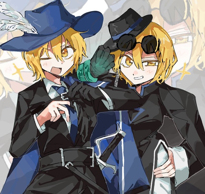 6vkeoxnqwo1jcky, don quixote (project moon), limbus company, project moon, 2girls, black coat, black dress, black gloves, black hat, black jacket, blonde hair, blue cape, blue hat, blue necktie, breasts, cape, cavalier hat, china dress, chinese clothes, cinq association east uniform, cinq association south uniform, coat, coat on shoulders, collared shirt, dress, earrings, gloves, hat, hat feather, jacket, jade bracelet, jewelry, looking at viewer, multiple girls, musketeer, necktie, ofuda earrings, one eye closed, plume, round eyewear, shirt, short hair, simple background, single earring, single glove, smile, standing, sunglasses, tilted headwear, tinted eyewear, upper body, white shirt, yellow eyes