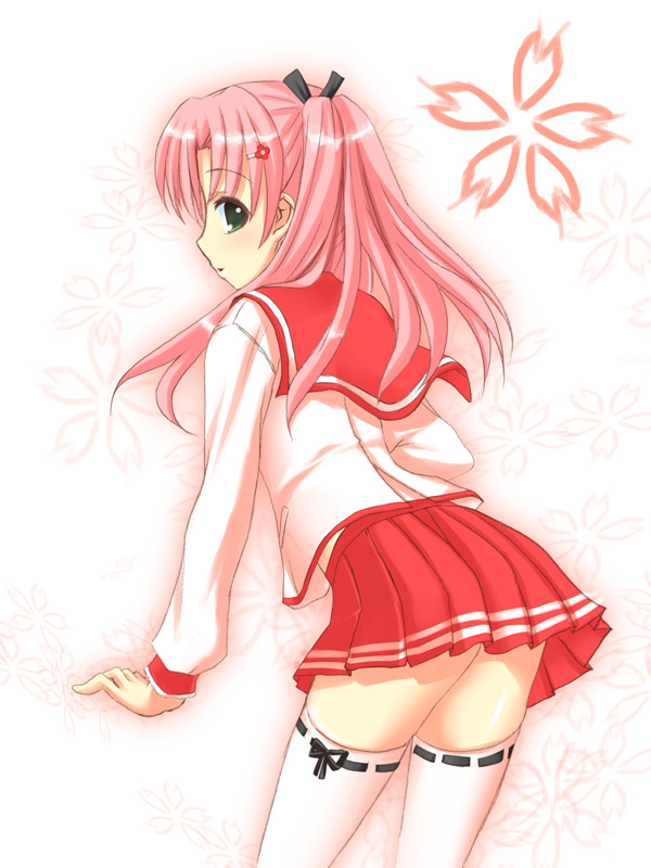 kaneru, maaryan (to heart), to heart (series), to heart 2, 00s, 1girl, female focus, green eyes, hair ornament, hairclip, long sleeves, miniskirt, pink hair, pleated skirt, ribbon-trimmed legwear, ribbon trim, school uniform, serafuku, skirt, solo, thighhighs, white thighhighs, zettai ryouiki
