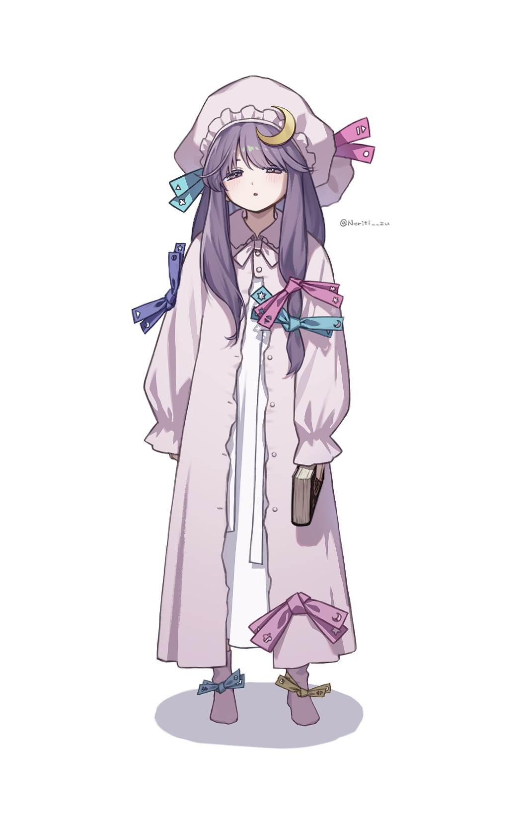 norichiizu, patchouli knowledge, touhou, commentary request, highres, 1girl, blue ribbon, blush, book, crescent, crescent hat ornament, dress, flat chest, full body, hair ribbon, hat, hat ornament, hat ribbon, holding, holding book, long hair, long sleeves, looking at viewer, mob cap, no shoes, parted lips, pink ribbon, pink socks, purple eyes, purple hair, ribbon, robe, sidelocks, simple background, socks, solo, standing, twitter username, white background, white dress
