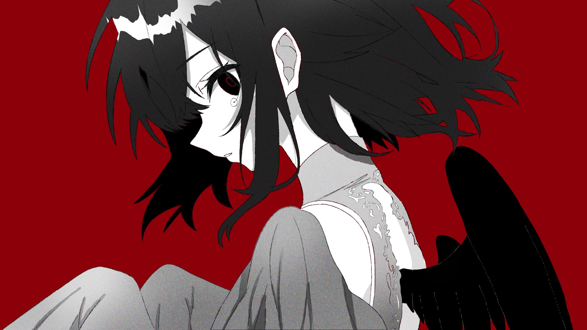 koze azhi, vocaloid, commentary request, highres, video thumbnail, 1girl, akali (vocaloid), bare shoulders, feathered wings, film grain, from behind, from side, greyscale with colored background, knees up, looking at viewer, medium hair, parted lips, profile, red background, simple background, sitting, sleeveless, sleeveless turtleneck, solo, tearing up, turtleneck, upper body, wings