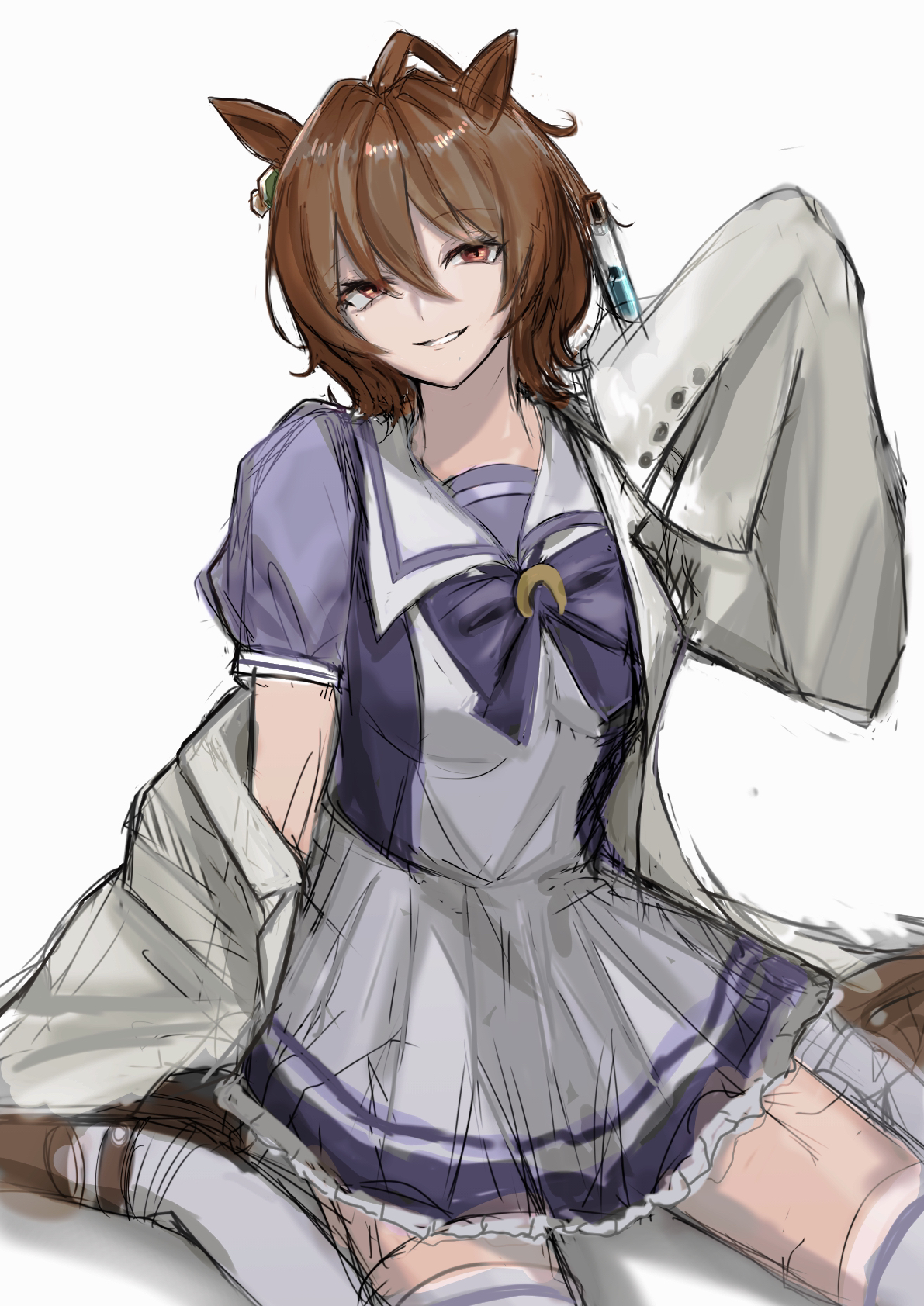 amo (pixiv24460428), agnes tachyon (umamusume), umamusume, highres, 1girl, ahoge, animal ears, bow, bowtie, breasts, brown hair, brown shoes, chemical structure, coat, colored skin, ear ornament, earrings, grin, hair between eyes, hand up, holding, holding test tube, horse ears, horse girl, jewelry, lab coat, looking at viewer, medium breasts, medium hair, multicolored skin, off shoulder, open clothes, open coat, parted lips, pleated skirt, purple bow, purple bowtie, purple shirt, purple trim, red eyes, sailor collar, shirt, shoes, single earring, single off shoulder, sitting, skirt, sleeves past fingers, sleeves past wrists, smile, solo, test tube, thighhighs, two-tone skin, wariza, white coat, white sailor collar, white shirt, white skirt, white thighhighs, wolf cut, zettai ryouiki