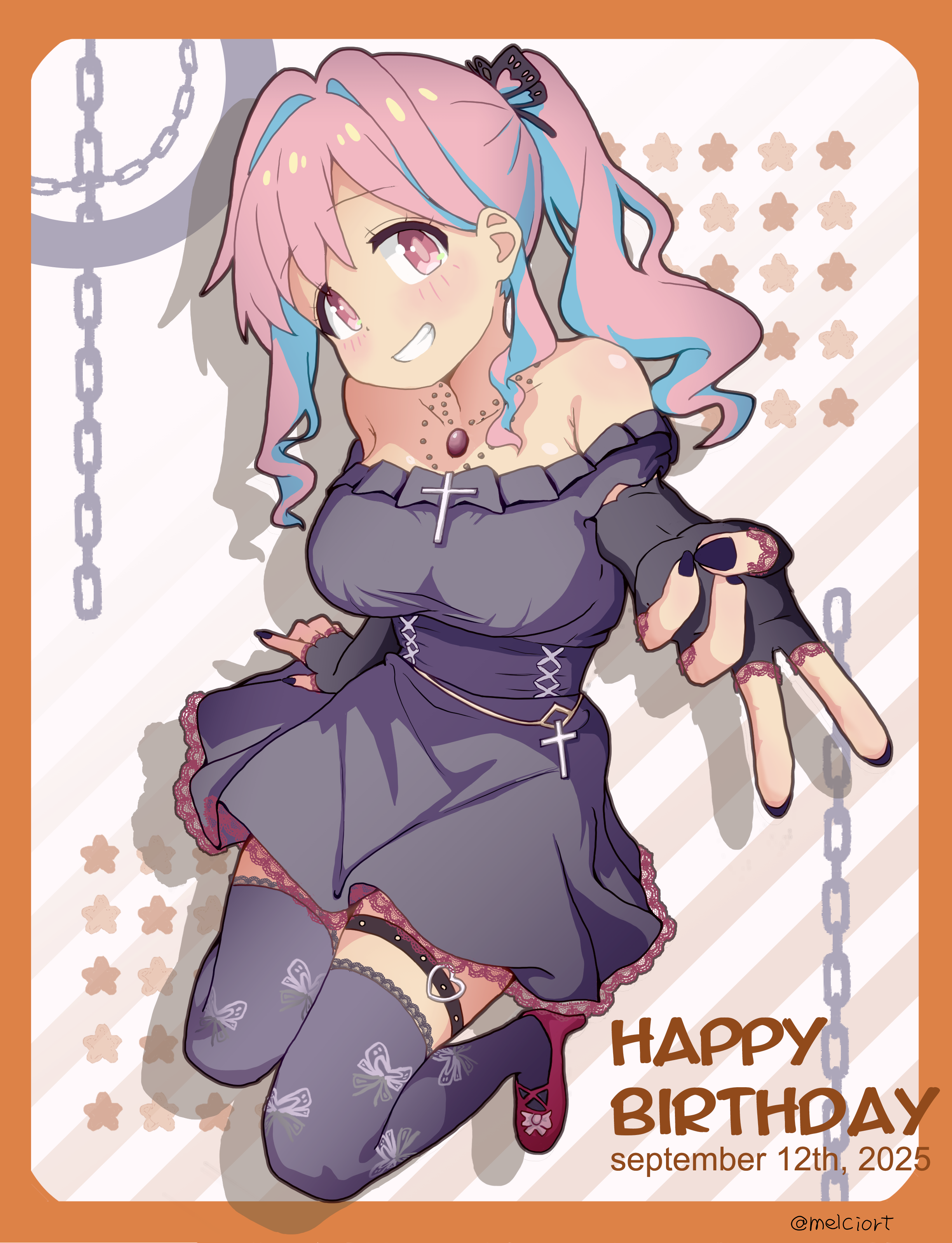 melciort, hozuki kaede, onii-chan wa oshimai!, absurdres, commentary, highres, 1girl, alternate costume, artist name, bare shoulders, black dress, black gloves, black nails, black thighhighs, blue hair, blush, border, breasts, chain, cross, dated, dress, elbow gloves, fingerless gloves, full body, gloves, grin, gyaru v, hair intakes, happy birthday, high heels, jewelry, large breasts, long hair, looking at viewer, multicolored hair, nail polish, necklace, off-shoulder dress, off shoulder, orange border, pink eyes, pink hair, ponytail, red shoes, shoes, sidelocks, simple background, smile, solo, studded thigh strap, thigh strap, thighhighs, twitter username, two-tone hair, v