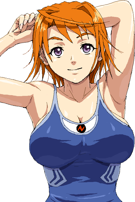 nigou, tokiha mai, my-hime, my-otome, 00s, ahoge, armpits, blue one-piece swimsuit, breasts, huge breasts, one-piece swimsuit, orange hair, purple eyes, short hair, solo, swimsuit