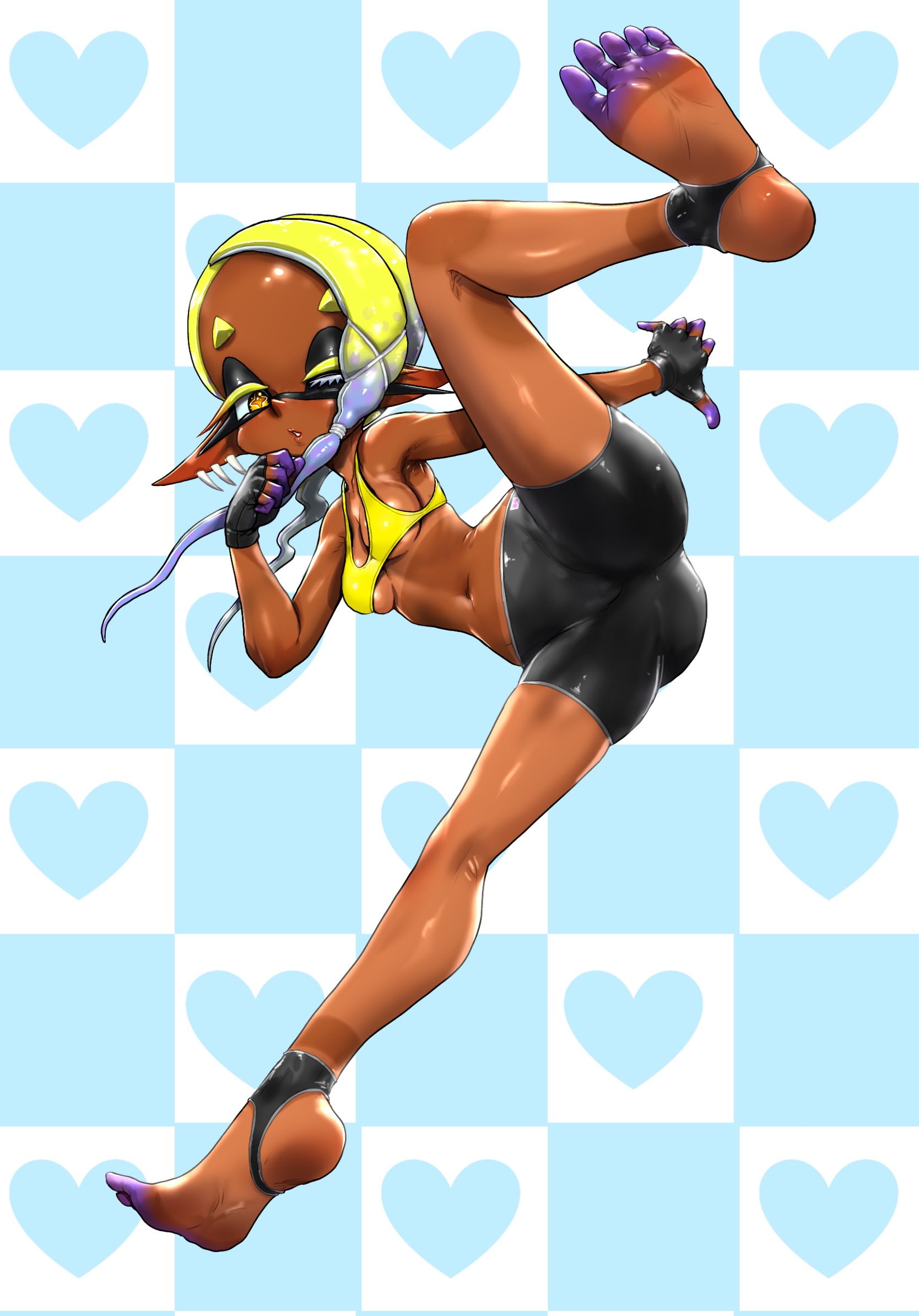 koharu2.5, frye (splatoon), nintendo, splatoon (series), toeless socks, highres, 1girl, ass, bike shorts, black gloves, black shorts, blonde hair, blue background, bra, breasts, checkered background, colored eyelashes, cross-shaped pupils, crotch, dark-skinned female, dark skin, domino mask, fingerless gloves, gloves, gradient hair, heart, heart background, high kick, kicking, long hair, mask, medium breasts, multicolored hair, multiple piercings, narrow waist, navel, one eye closed, parted lips, pointy nose, purple hair, shorts, soles, solo, sports bra, stirrup footwear, symbol-shaped pupils, tan, tanline, tentacle hair, thick eyebrows, underboob, underwear, yellow bra, yellow eyes