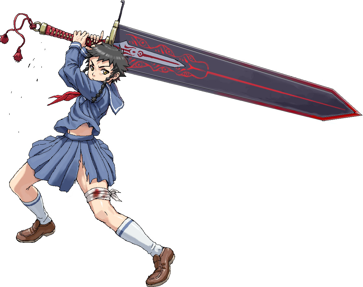nigou, minagi mikoto, my-hime, 00s, bandages, braid, brown shoes, full body, holding, holding sword, holding weapon, huge weapon, school uniform, serafuku, shoes, simple background, socks, solo, striped clothes, striped socks, sword, torn clothes, twin braids, two-handed, weapon, white background