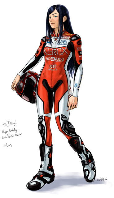 jango-joe, kuga natsuki, natsuki kruger, my-hime, my-otome, 00s, 1girl, biker clothes, bikesuit, black eyes, black hair, bodysuit, english text, female focus, full body, helmet, holding, long hair, sidelocks, skin tight, solo, unworn headwear, unworn helmet, walking
