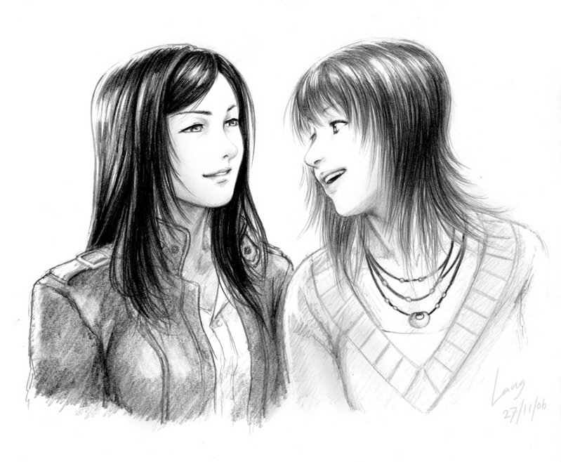 jango-joe, juliet nao zhang, kuga natsuki, lang, natsuki kruger, yuuki nao, my-hime, my-otome, 00s, 2girls, greyscale, monochrome, multiple girls, sketch
