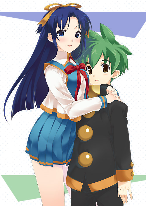 mizuki makoto, takasu ayako, yoshimura mamoru, mamoru-kun ni megami no shukufuku wo!, blue eyes, blue hair, green hair, long hair, ribbon, school uniform, serafuku, teenage girl and younger boy